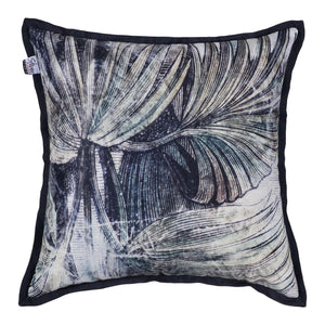Mangrove Indoor Pillow featuring a black and white palm leaf design with a dark border.