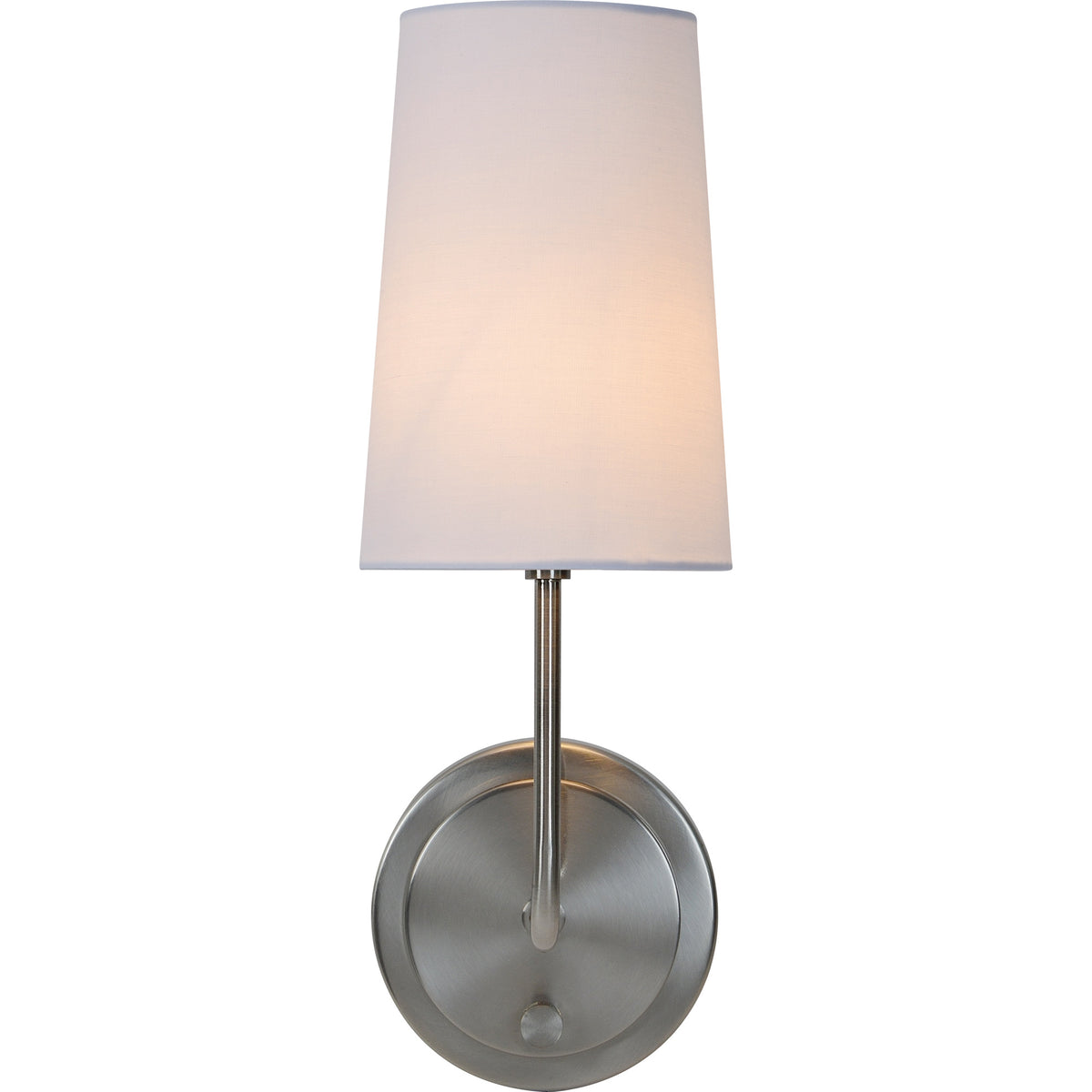 Hydra Wall Sconce in brushed nickel with a white fabric shade, mounted on a round backplate.