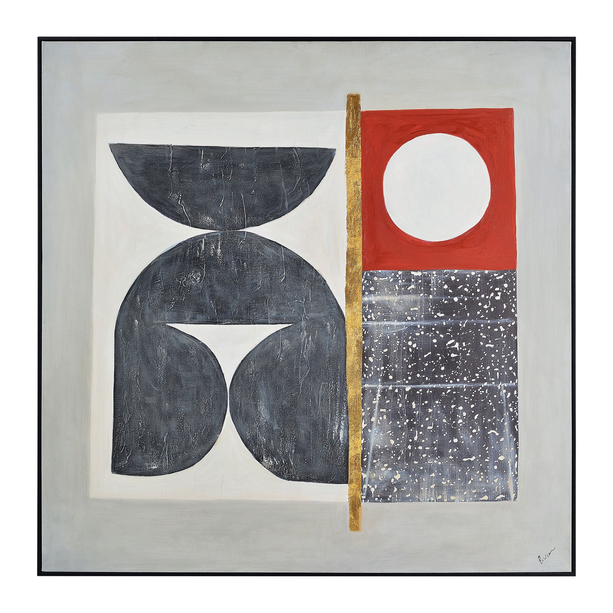 Marron canvas art featuring abstract shapes in gray, red, and gold accents.