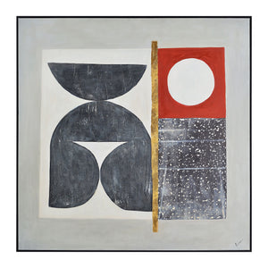 Marron canvas art featuring abstract shapes in gray, red, and gold accents.
