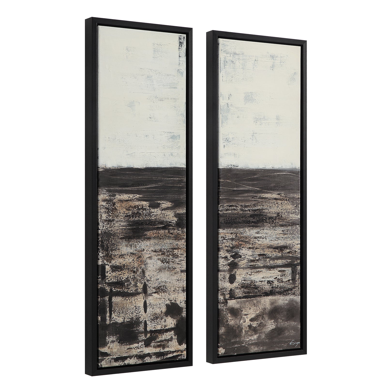 Spica canvas art featuring abstract black and white design in two panels with black frames.