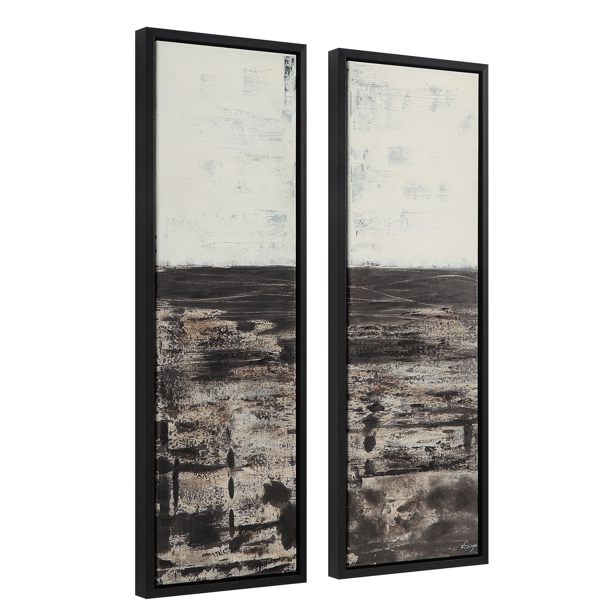 Spica canvas art in two panels showcasing a textured black and white abstract design with black frames.