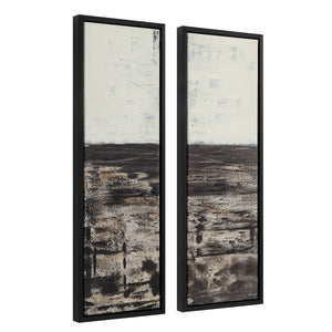 Spica canvas art in two panels showcasing a textured black and white abstract design with black frames.