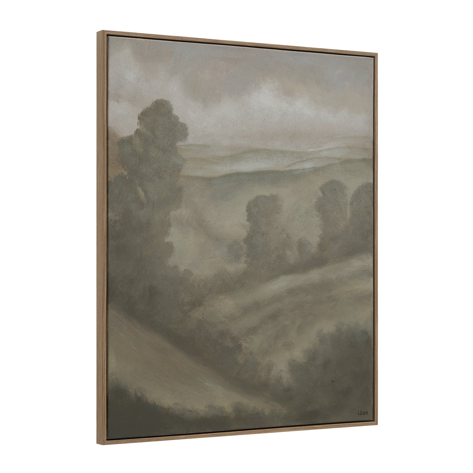 Bruma canvas art featuring a muted landscape with rolling hills and trees in soft gray tones.