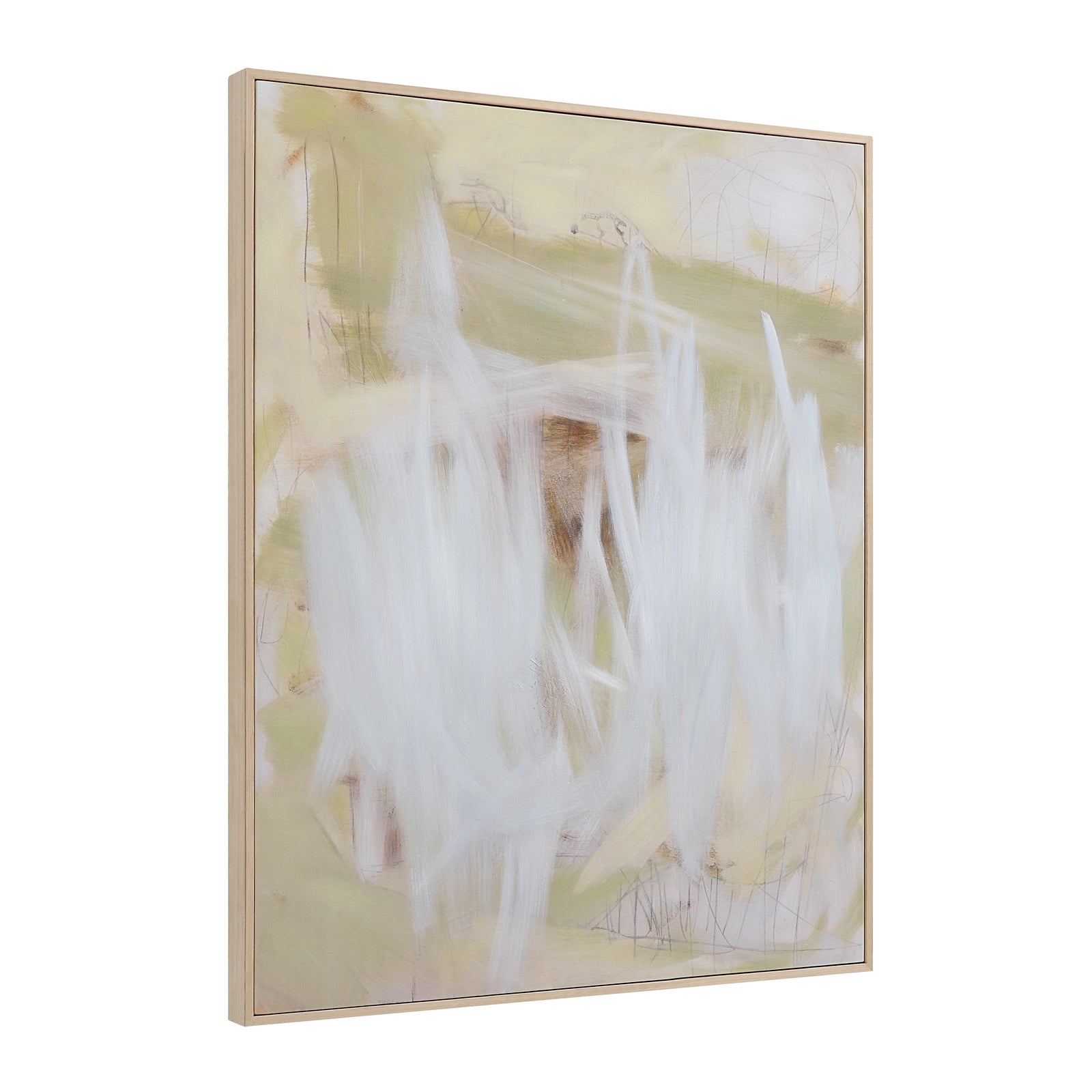 Bonnet canvas art featuring abstract white and light green brushstrokes on a beige background.
