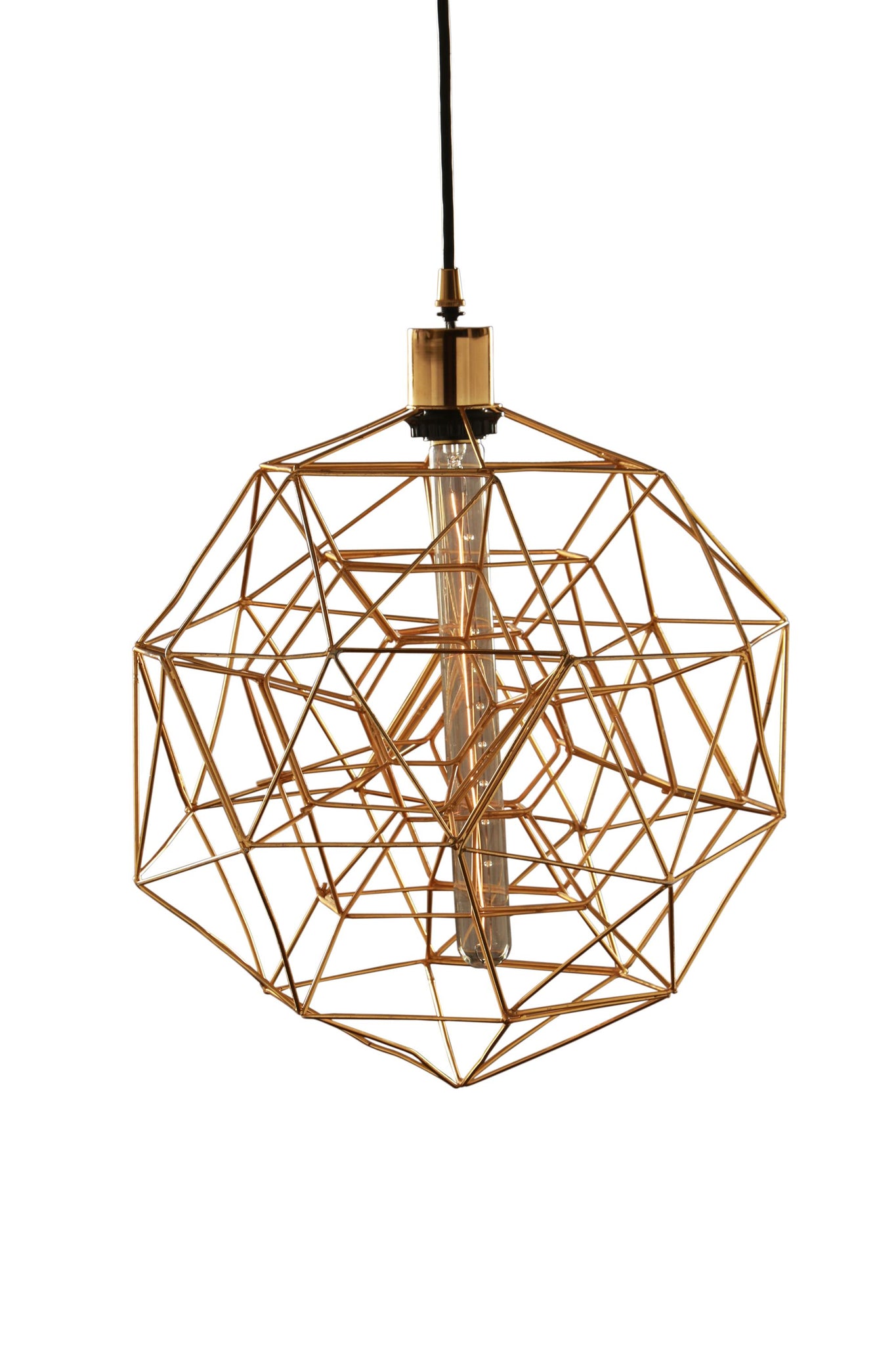 Sidereal ceiling light fixture with a geometric gold wire design and clear bulb