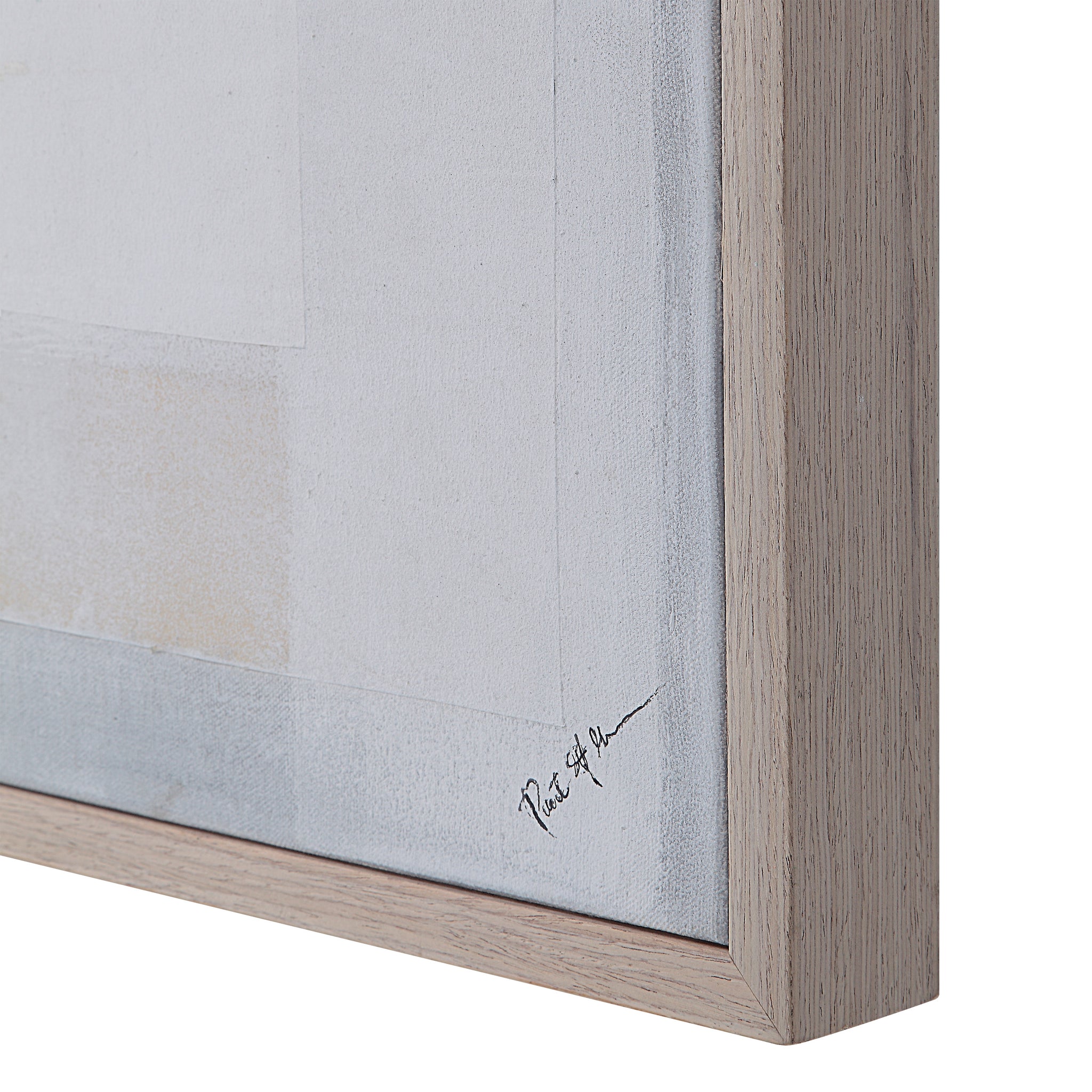 Marron canvas art with soft blue and beige tones, framed in light wood