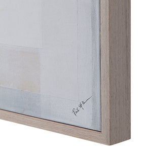 Marron canvas art with soft blue and beige tones, framed in light wood