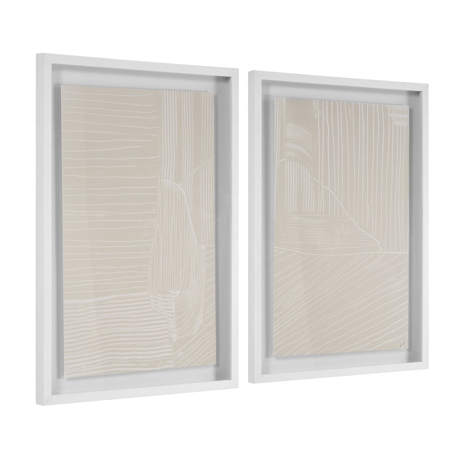Marlon wall art featuring two beige framed pieces with abstract line patterns.