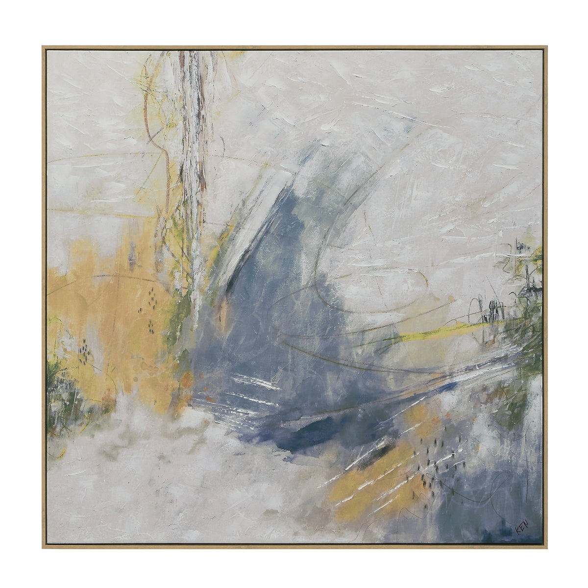 Eclat canvas art featuring abstract design in soft blues and yellows with textured brush strokes.