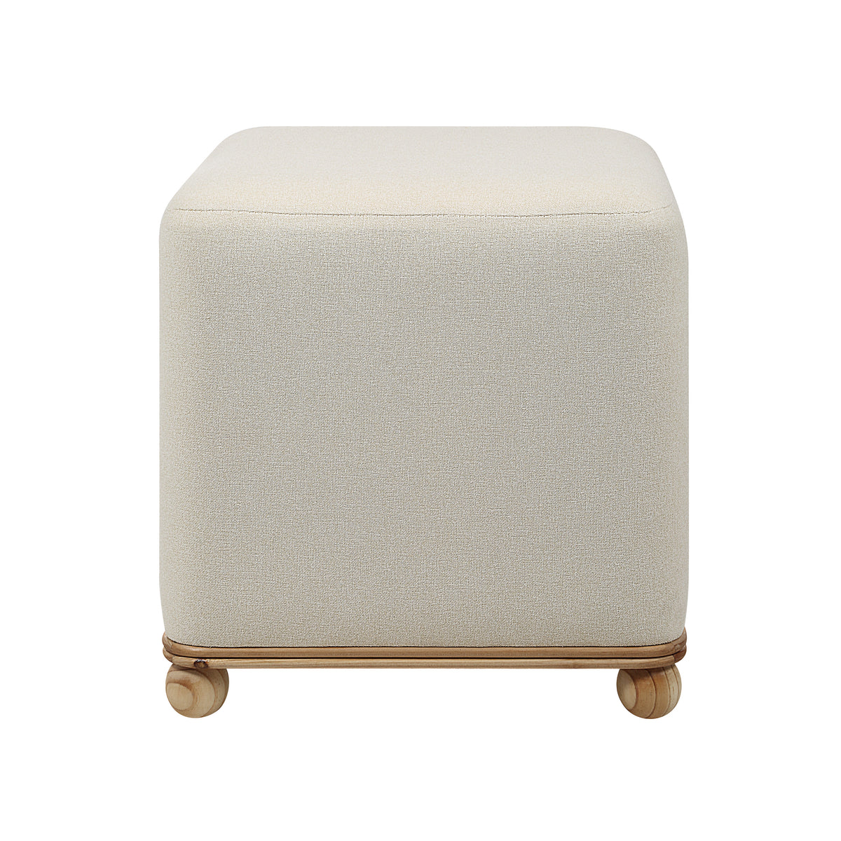 Sines Ottoman in light beige fabric with rounded corners and wooden base