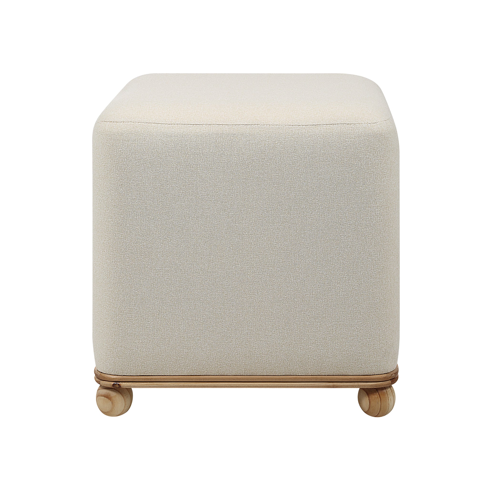 Sines Ottoman in light beige fabric with rounded corners and wooden base