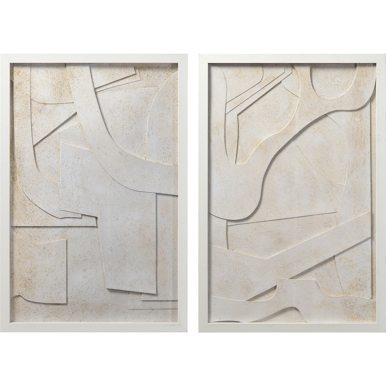 Pathfinder wall art featuring abstract white shapes with a textured finish in two frames.