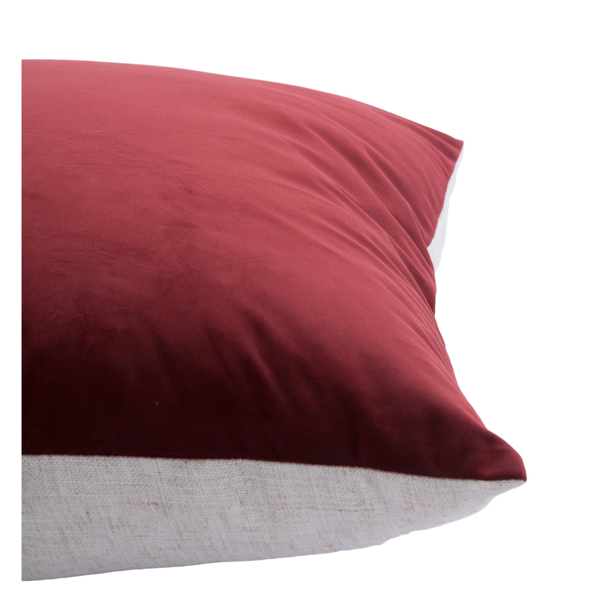 Scarlet pillow featuring a burgundy top and a textured beige bottom.