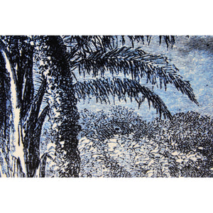 Close-up of Jona Indoor Pillow showcasing detailed blue palm tree artwork on fabric.
