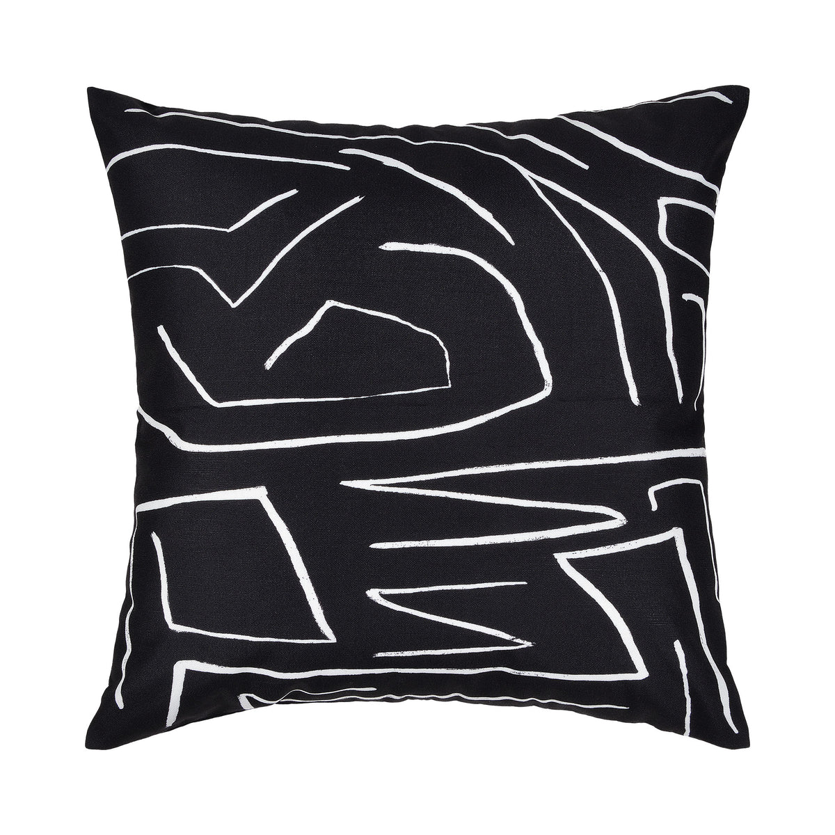 Ray Indoor Pillow in black with white abstract line design, square shape.