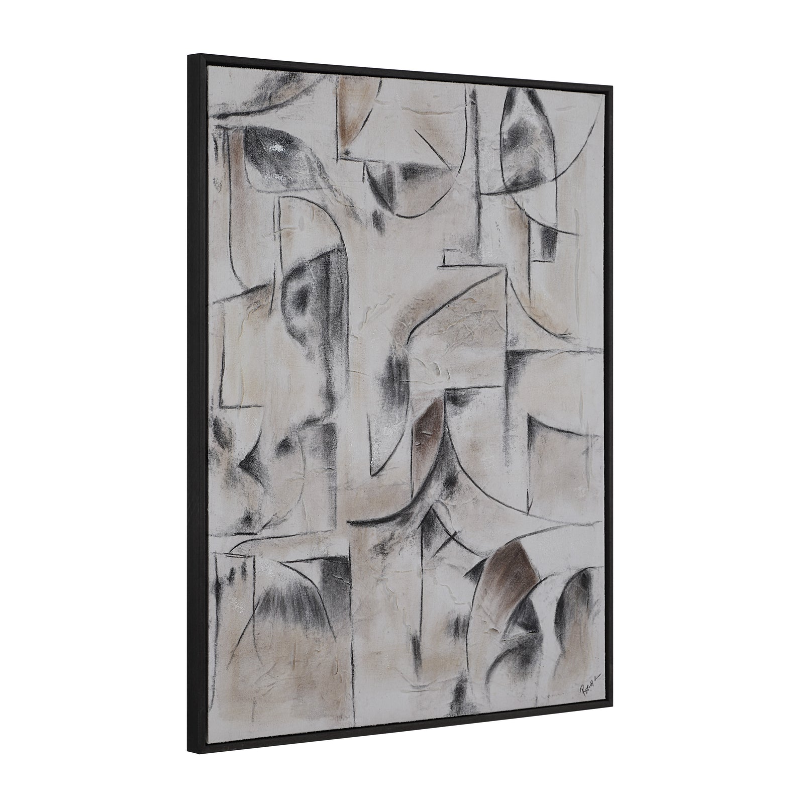 Yann canvas art featuring abstract shapes in beige and black tones with textured details.