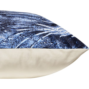 Jona Indoor Pillow side angle showing blue palm tree pattern and soft cream fabric.