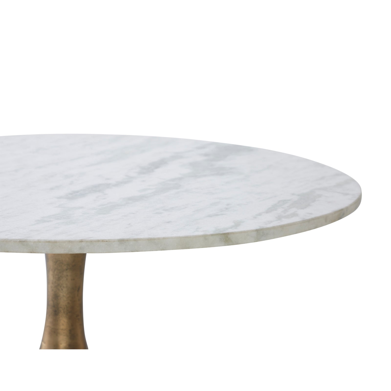 Lovisa Table with a round white marble top and a bronze base, viewed from the side.