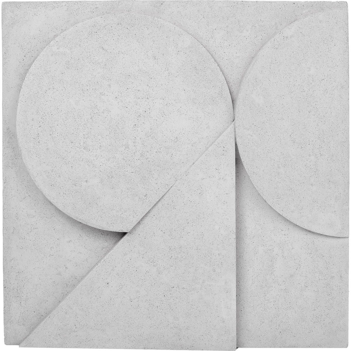 Sahara Wall Art featuring geometric shapes in light gray concrete with circular and triangular forms.