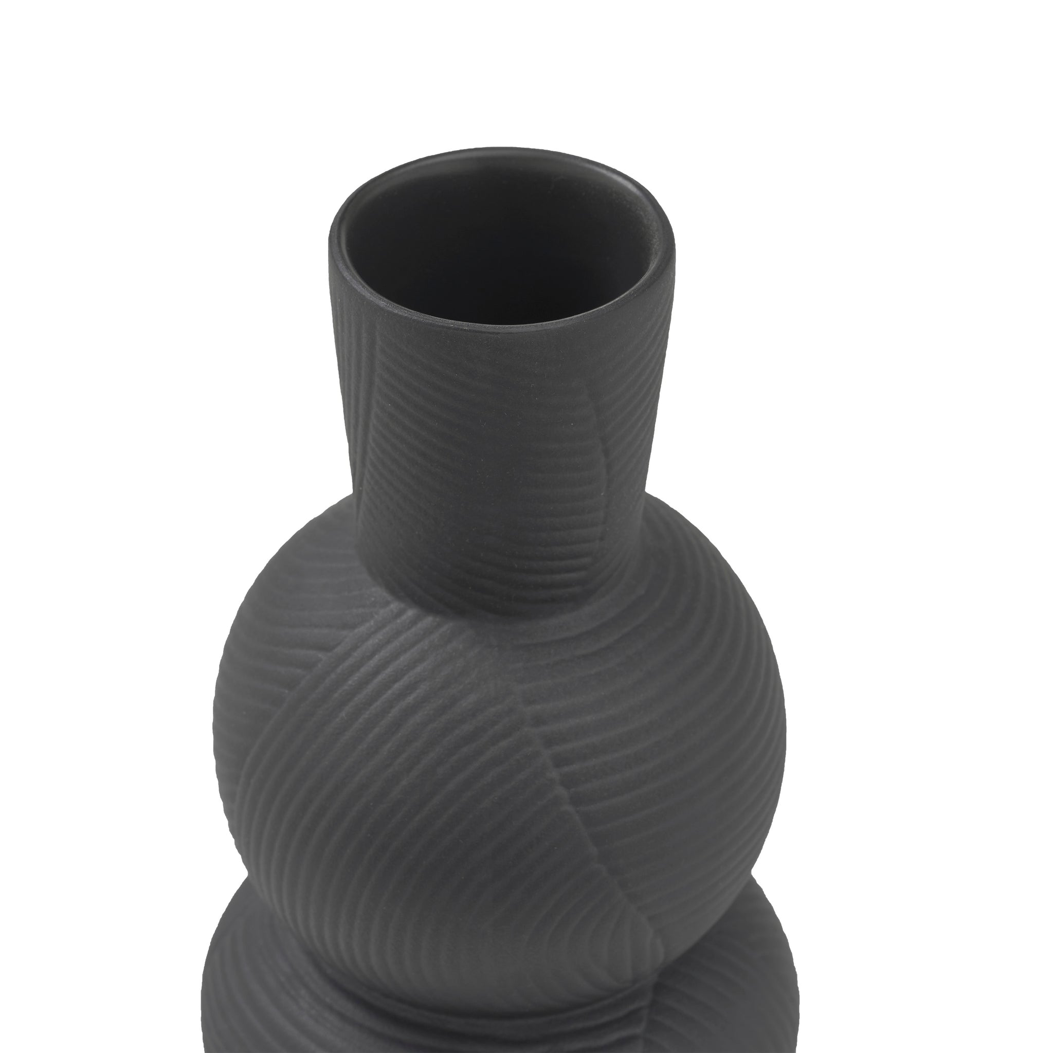 Icarus Vase close-up showing the textured surface and black color.
