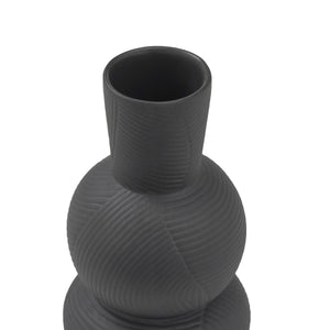 Icarus Vase close-up showing the textured surface and black color.