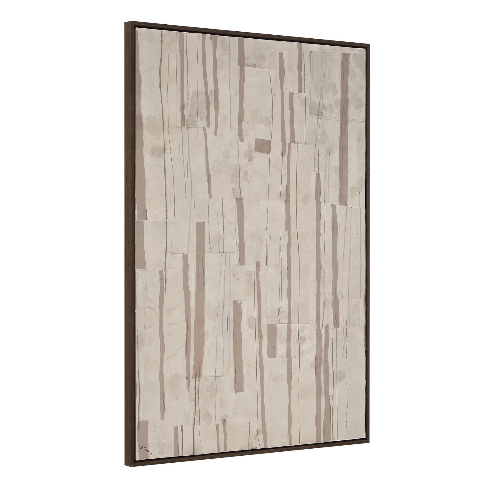 Sediment canvas art featuring a textured light beige background with vertical brown lines.