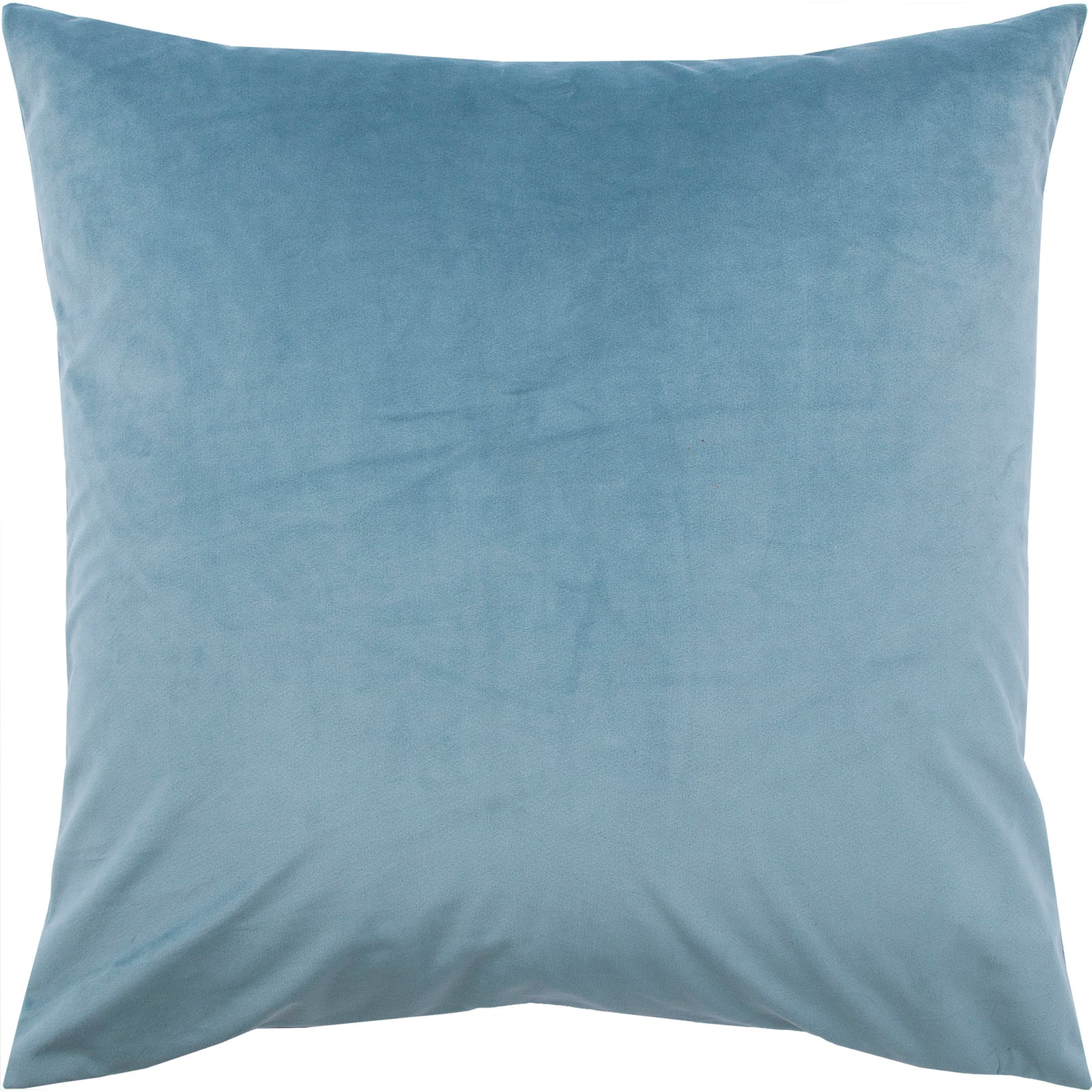 Warrington indoor pillow in soft blue velvet fabric, square shape, front view.