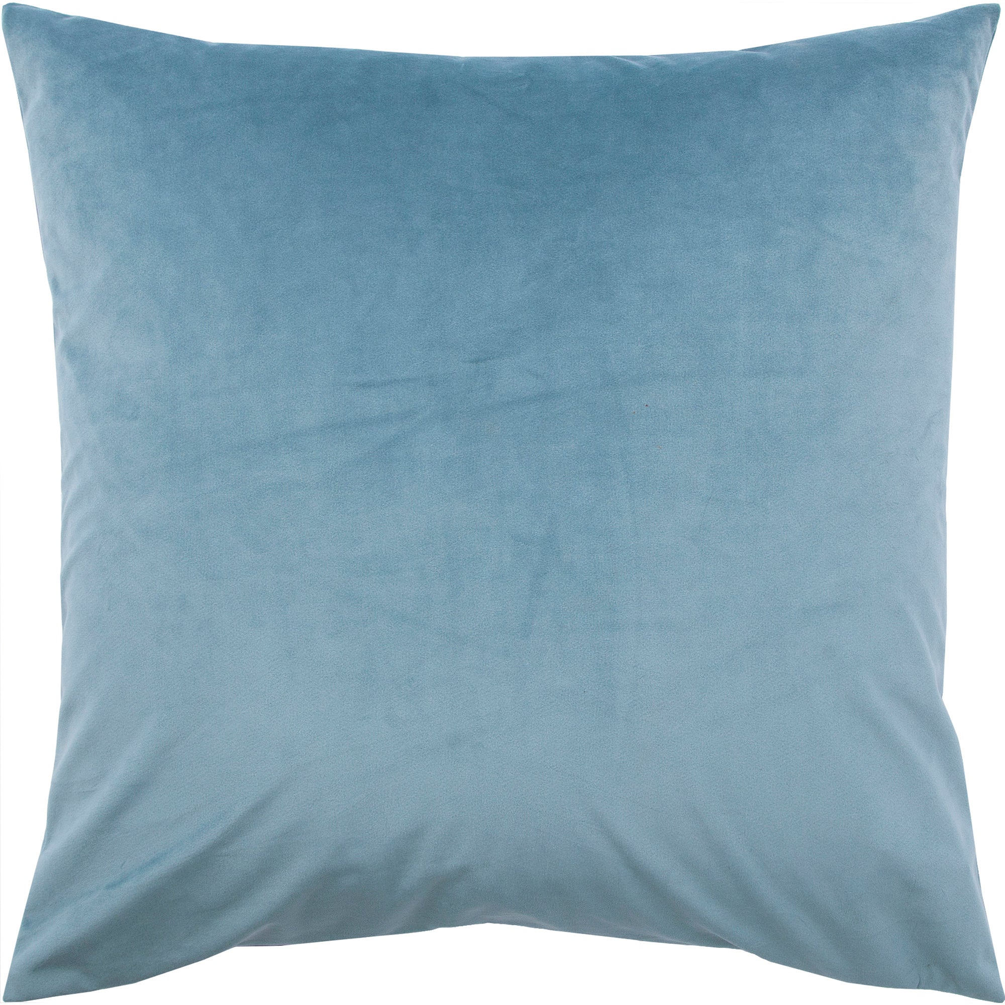 Warrington indoor pillow in soft blue velvet fabric, square shape, front view.