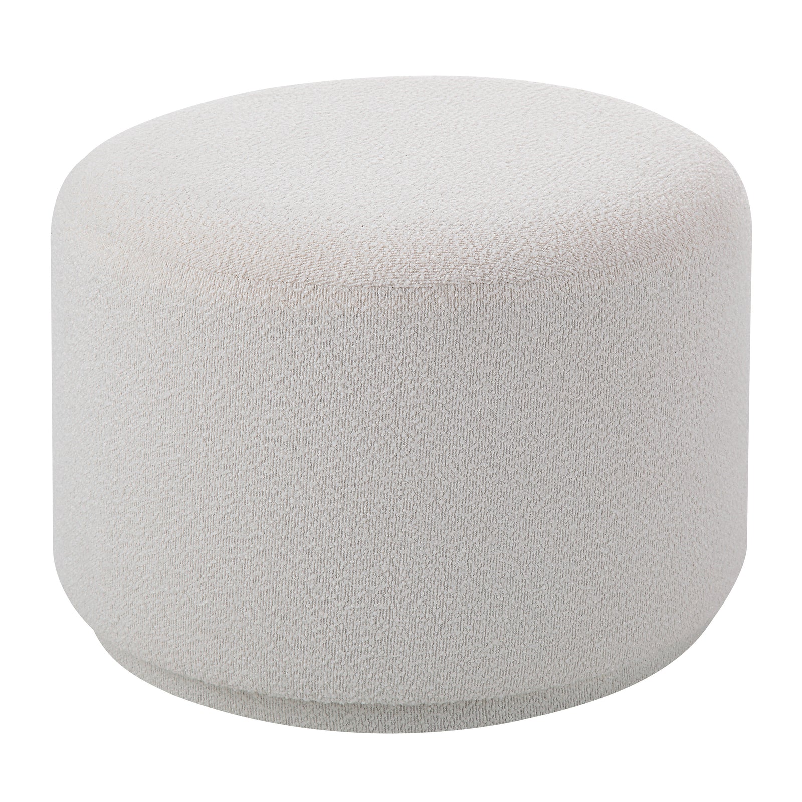 Audrina Ottoman in soft white fabric with textured surface, round shape, side view