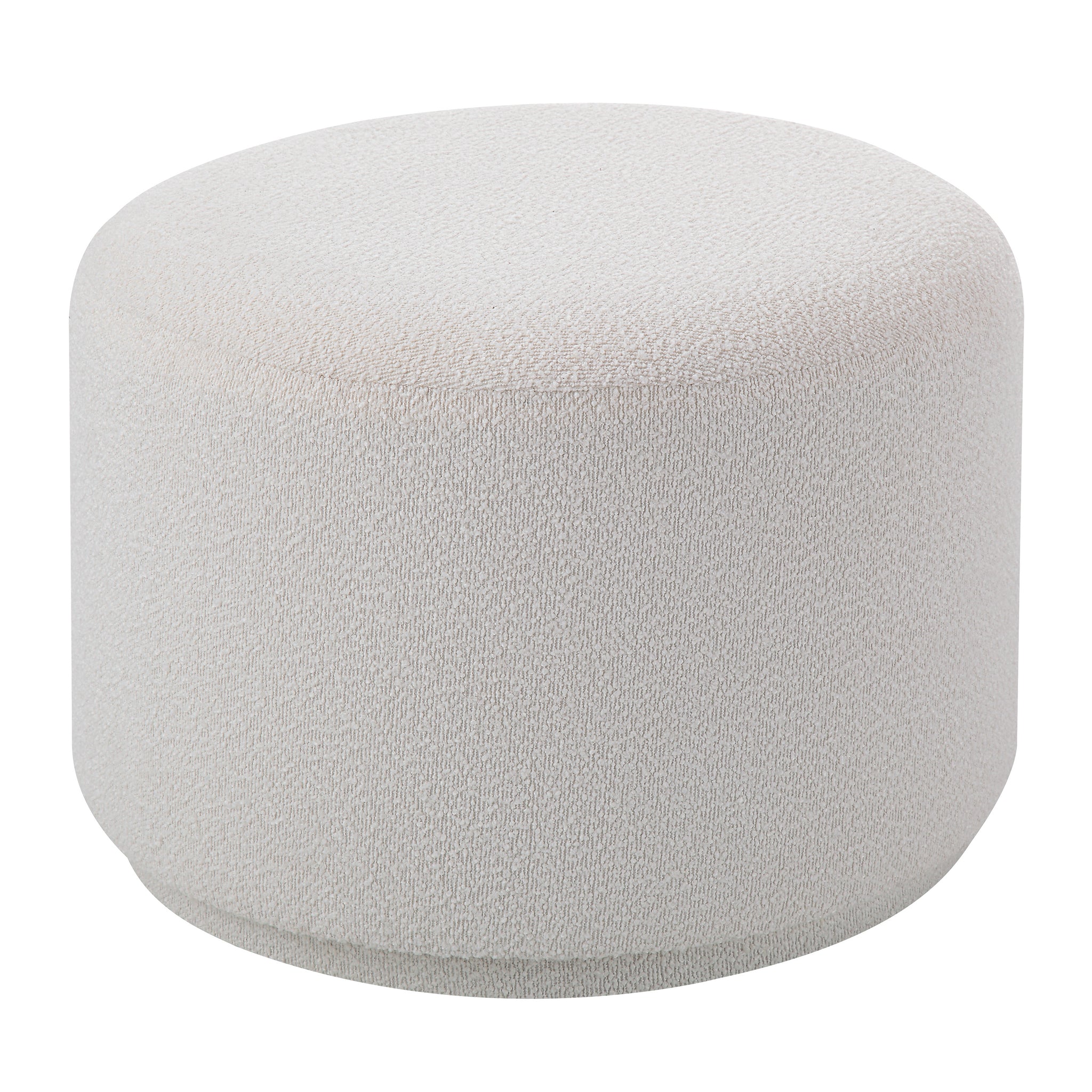 Audrina Ottoman featuring a plush white fabric, round design, close-up view