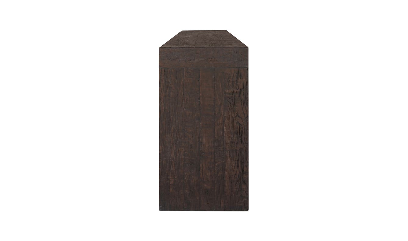 lifestyle view of Evander Console Table Rustic Brown luxury Coffee Table