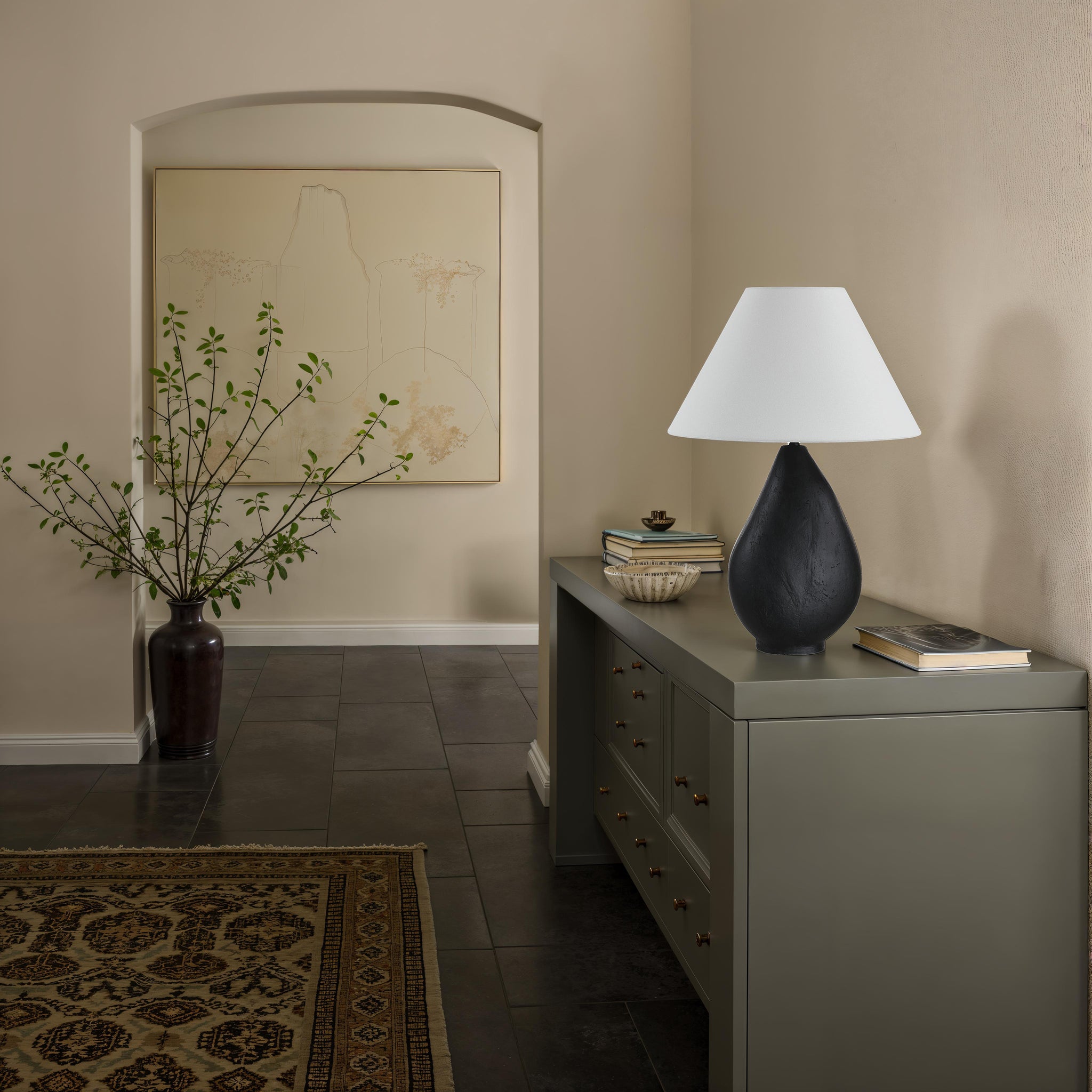 Sotiria Table Lamp placed on a modern console in a hallway