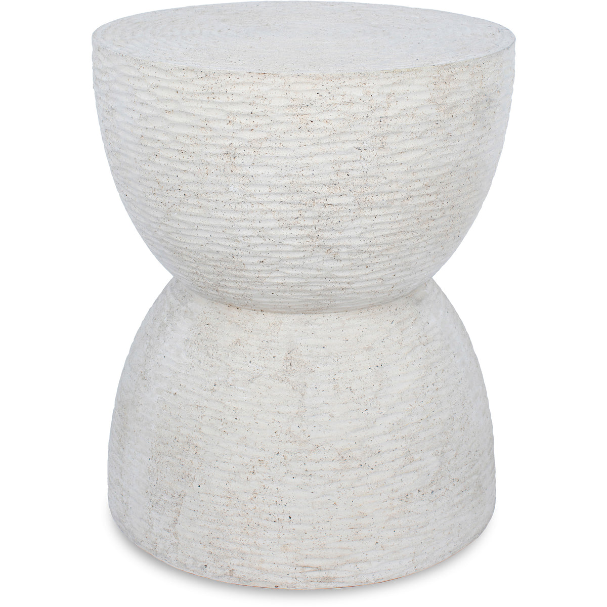 Chayton Side Table in textured white finish, featuring a unique hourglass shape.