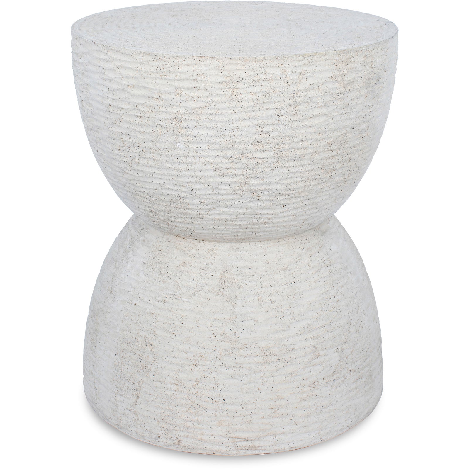 Chayton Side Table in textured white finish, featuring a unique hourglass shape.