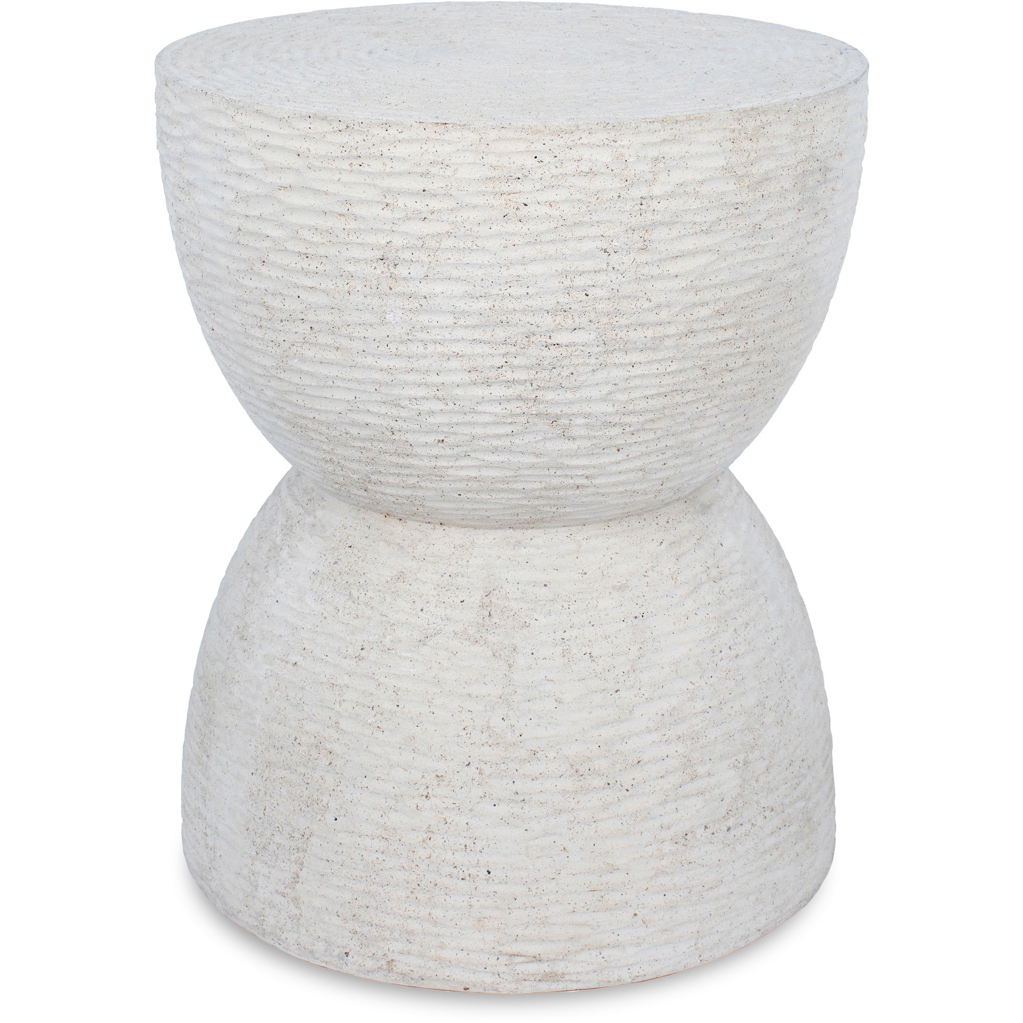 Chayton Side Table in textured white finish, featuring a unique hourglass shape.