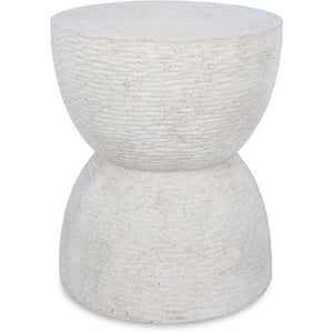 Chayton Side Table in textured white finish, featuring a unique hourglass shape.