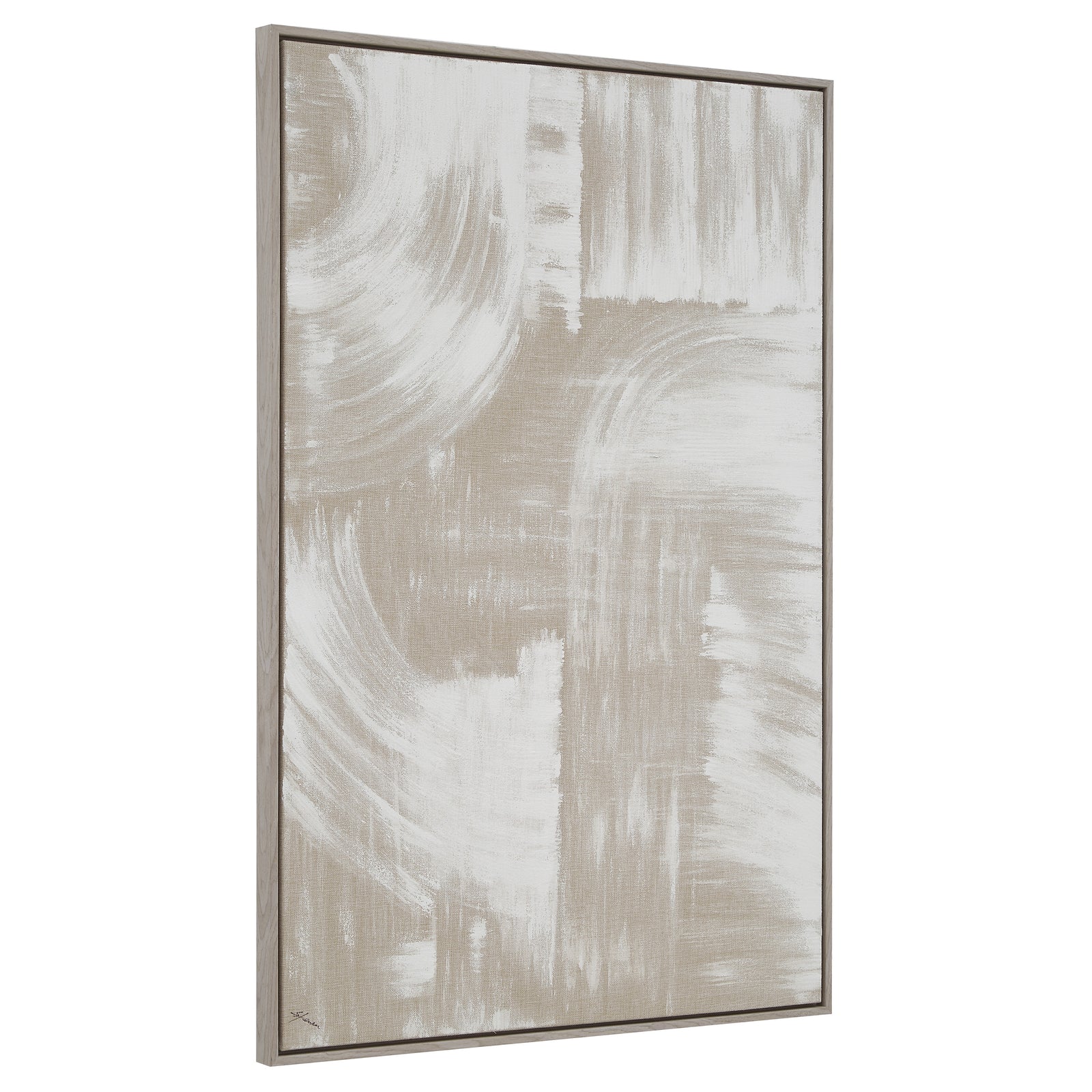 Quatro canvas art featuring abstract beige and white brush strokes in a framed design.