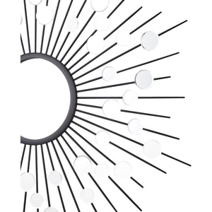 Maryam Wall Mirror featuring black rays and circular glass accents, close-up view.