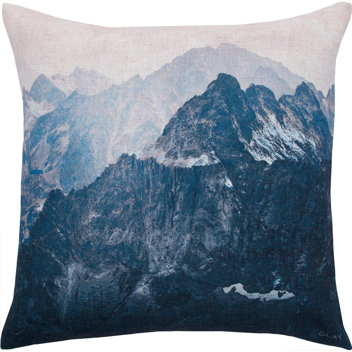 Irvine Indoor Pillow featuring a mountain landscape design in blue and gray tones.