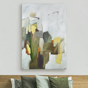 Leclaire canvas art displayed on a wall, showcasing abstract shapes in earthy tones.