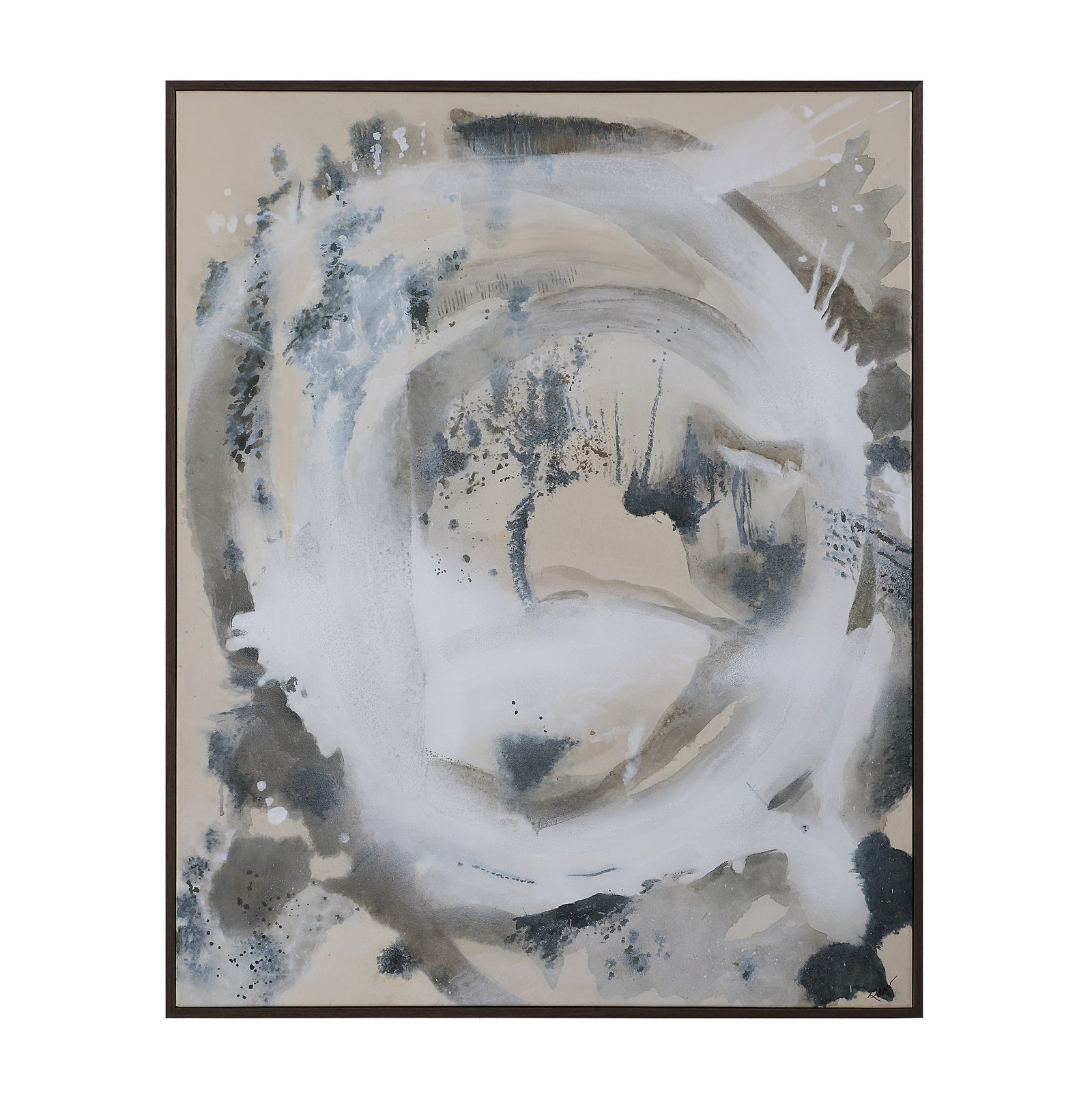 Ceiba canvas art featuring abstract swirl in gray and white tones on beige background