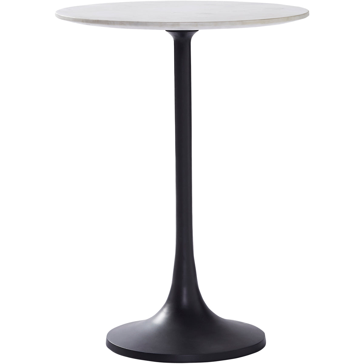 Mortain Table with round white marble top and black metal base, side view