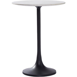 Mortain Table with round white marble top and black metal base, side view