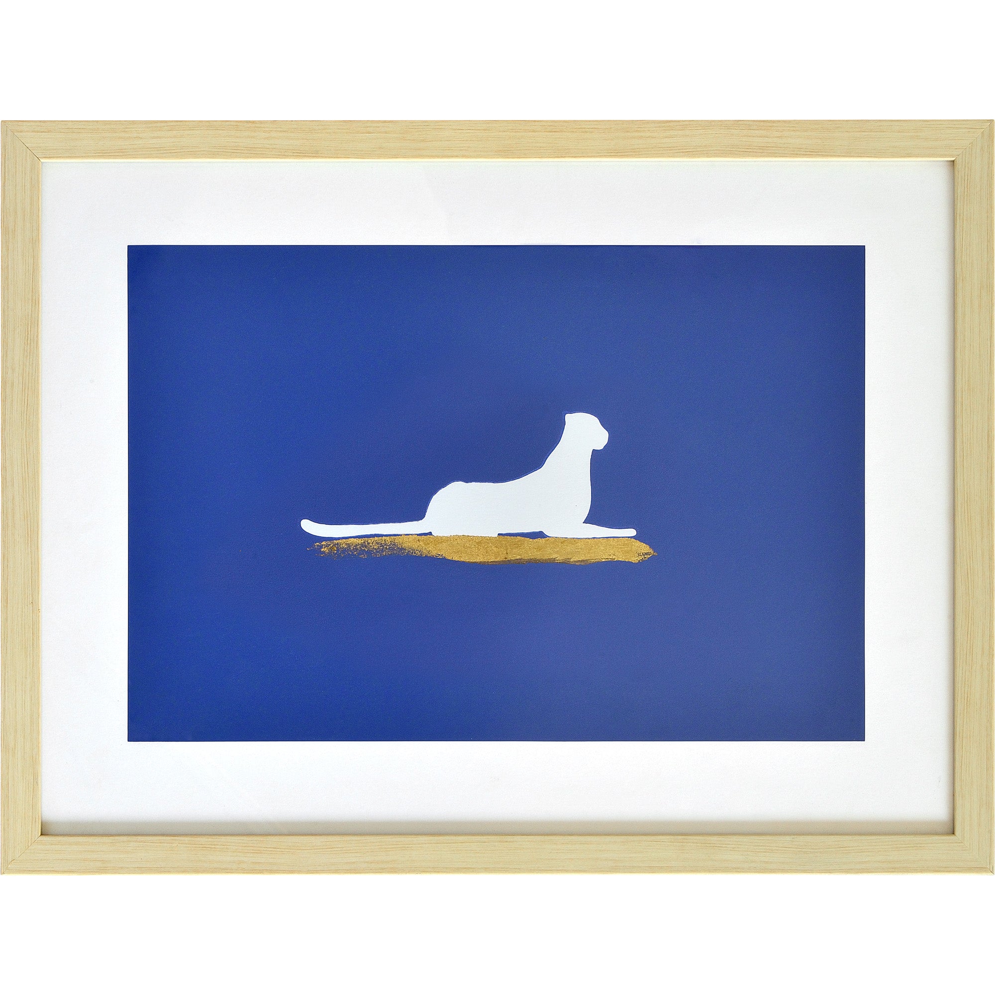 Makalu Wall Art illustrating a reclining white dog silhouette on a blue background with gold accents