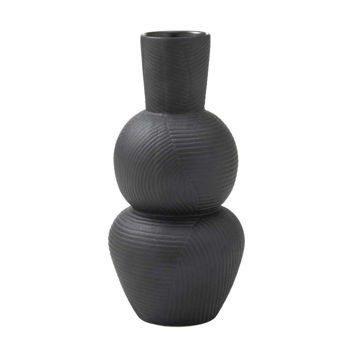 Icarus Vase in black, featuring a sculptural design with textured grooves.