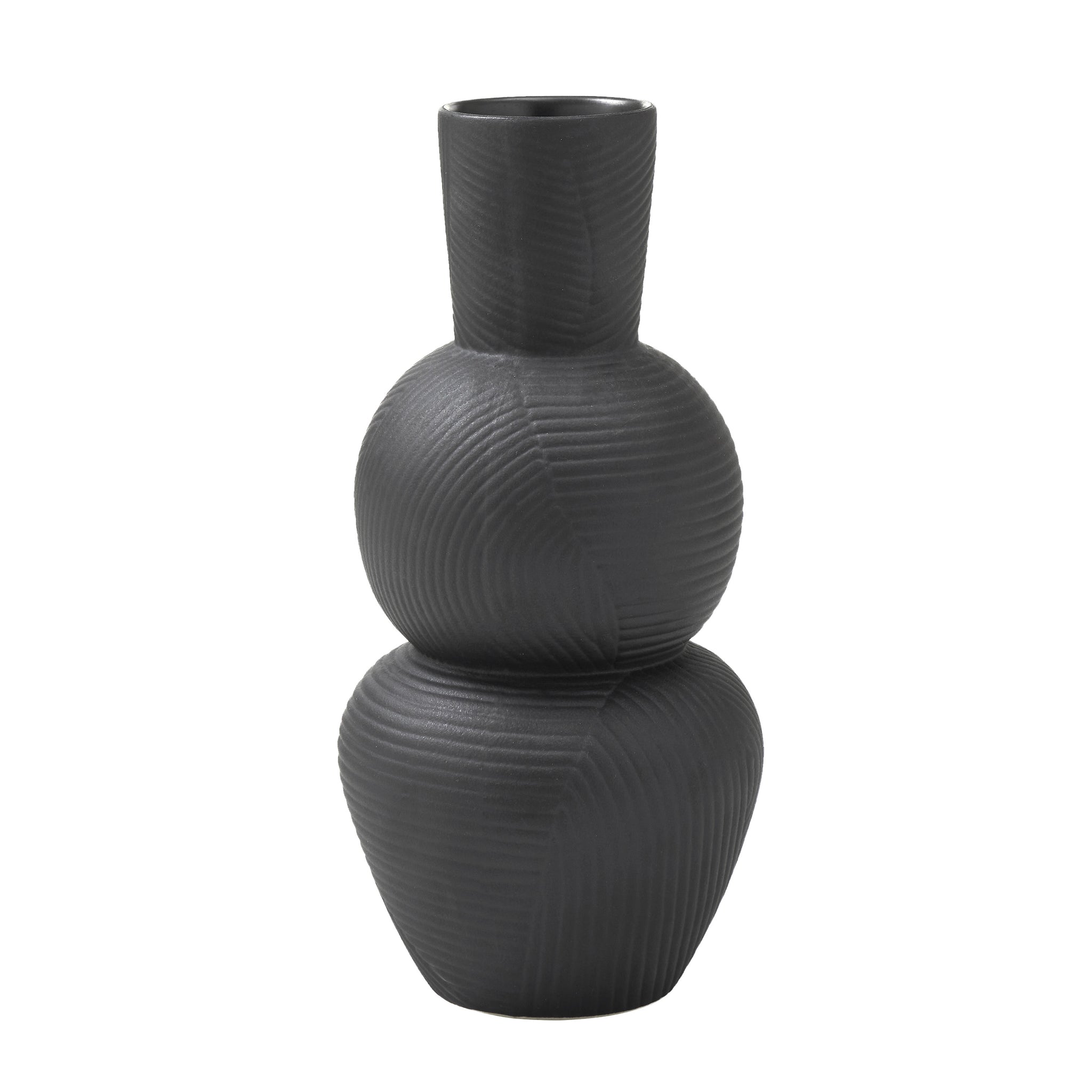 Icarus Vase in black, featuring a sculptural design with textured grooves.