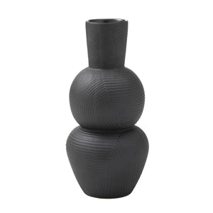 Icarus Vase in black, featuring a sculptural design with textured grooves.