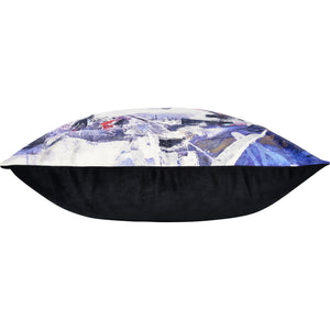 Side view of Annika Indoor Pillow with abstract design and black bottom fabric
