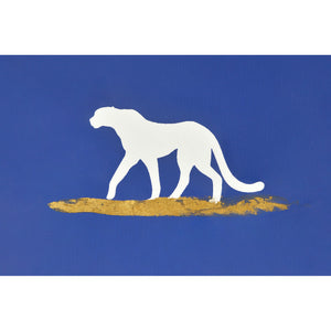 Makalu Wall Art showing a white silhouette of a cat walking on a blue background with a gold strip.